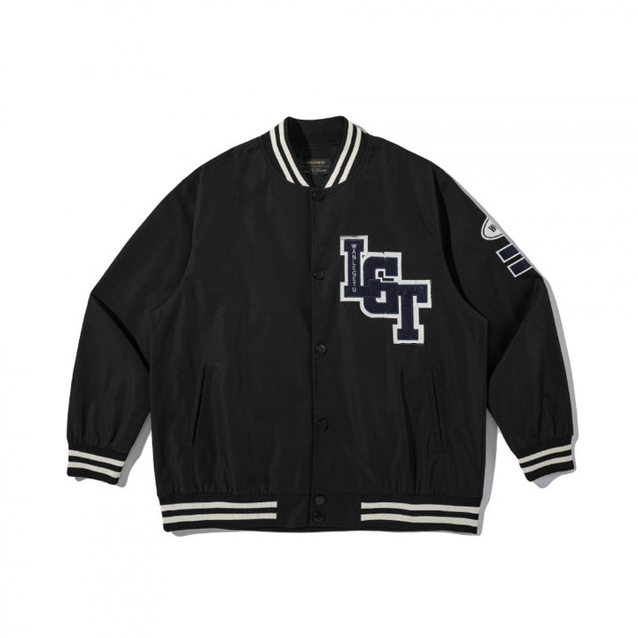Unisex College-Bomberjacke mit gestepptem Patch, gestreiften Rippsäumen und Druckknopfleiste Drune