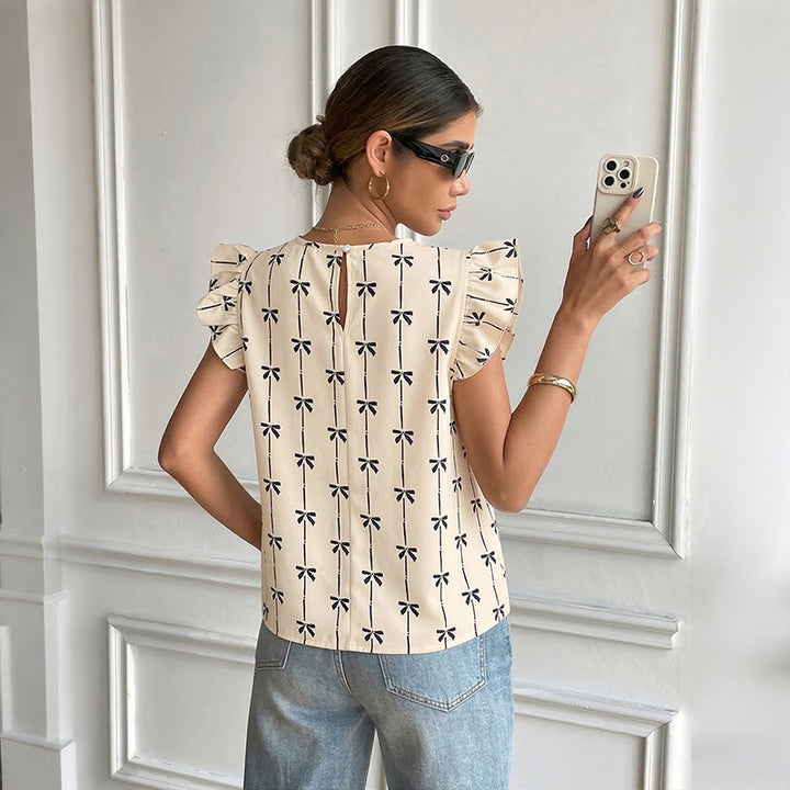 Damen Leichte Baumwollbluse mit Rüschenärmeln, Plissee-Falten und Schleifenprint Drune