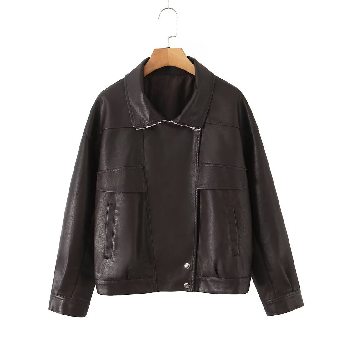 Damen Kunstlederjacke mit lässigem Schnitt und praktischen Taschen Drune