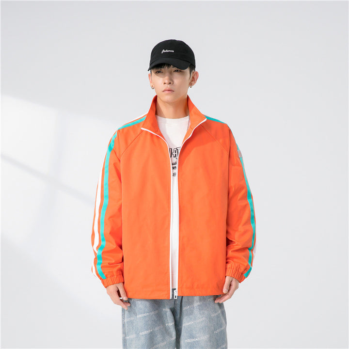 Herren Locker geschnittene Trackjacke mit Stehkragen, kontrastierenden Streifenärmeln und elastischen Bündchen Drune