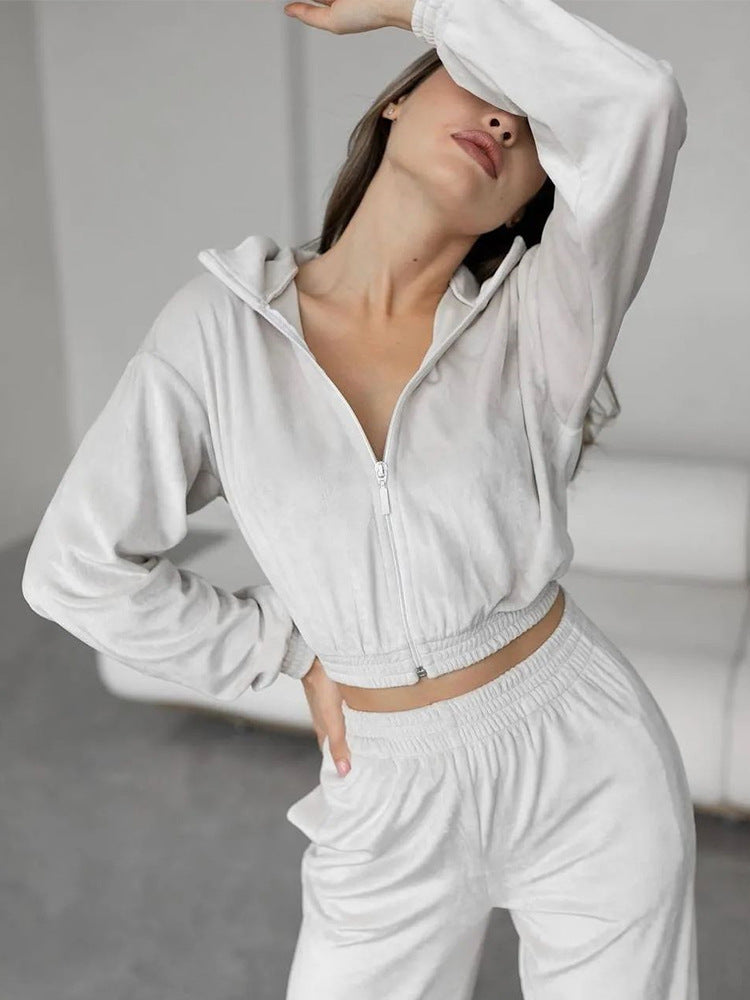 Damen Samt-Loungewear-Set mit kurzem Reißverschluss und geraffter Taillenpartie Drune