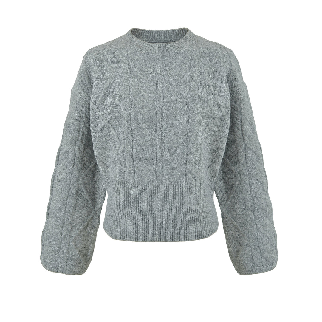 Damen Kurzer Zopfmuster-Strickpullover mit tailliertem Rippbündchen Drune