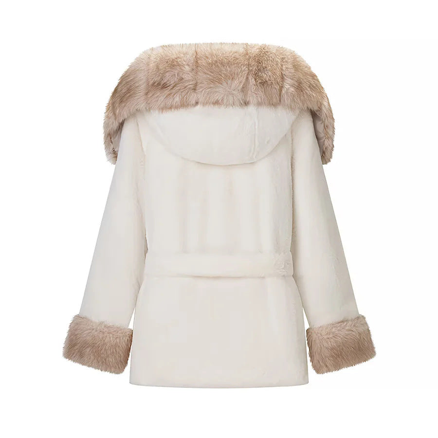 Damen nan kuschelige Kunstfell-Manteljacke mit Kapuze, Taillengürtel und Kontrastfutter Drune