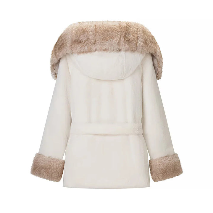 Damen nan kuschelige Kunstfell-Manteljacke mit Kapuze, Taillengürtel und Kontrastfutter Drune