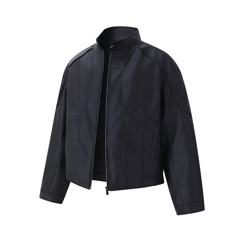 Herren Kurzboxy Mock‑Lederjacke mit geometrischer Nahtführung Drune