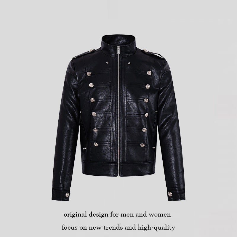 Herren Militärisch inspirierte Kunstlederjacke mit Stehkragen, Zierknopfreihe und Schulterpatten Drune