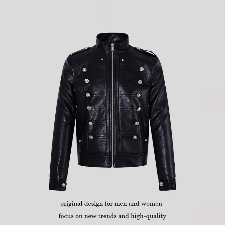Herren Militärisch inspirierte Kunstlederjacke mit Stehkragen, Zierknopfreihe und Schulterpatten Drune