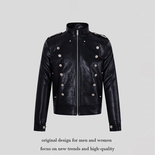 Herren Militärisch inspirierte Kunstlederjacke mit Stehkragen, Zierknopfreihe und Schulterpatten Drune
