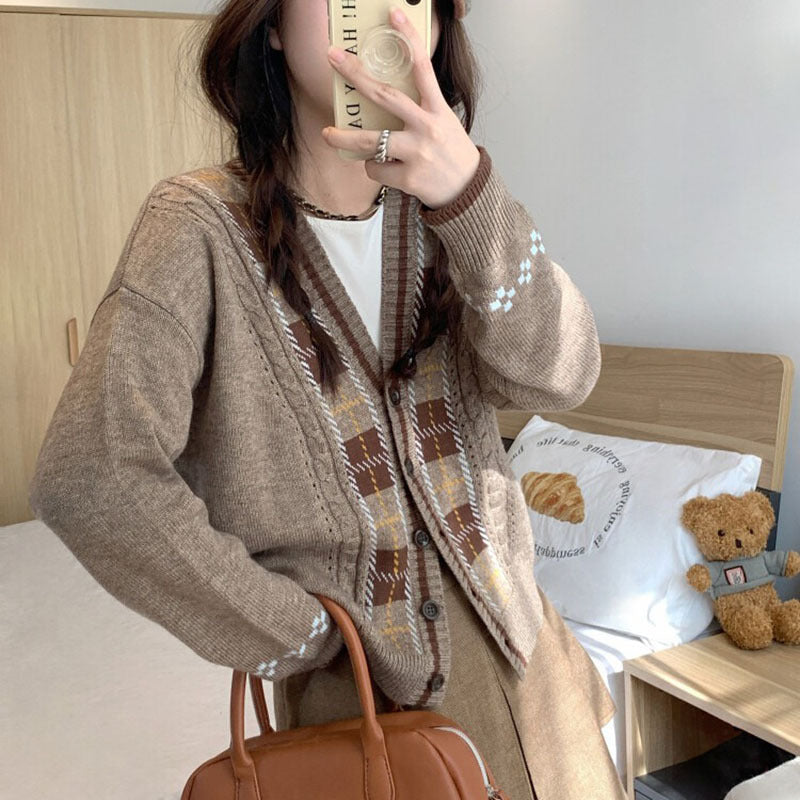Damen Strickjacke mit modischem Karomuster und pastelligen Akzenten Drune