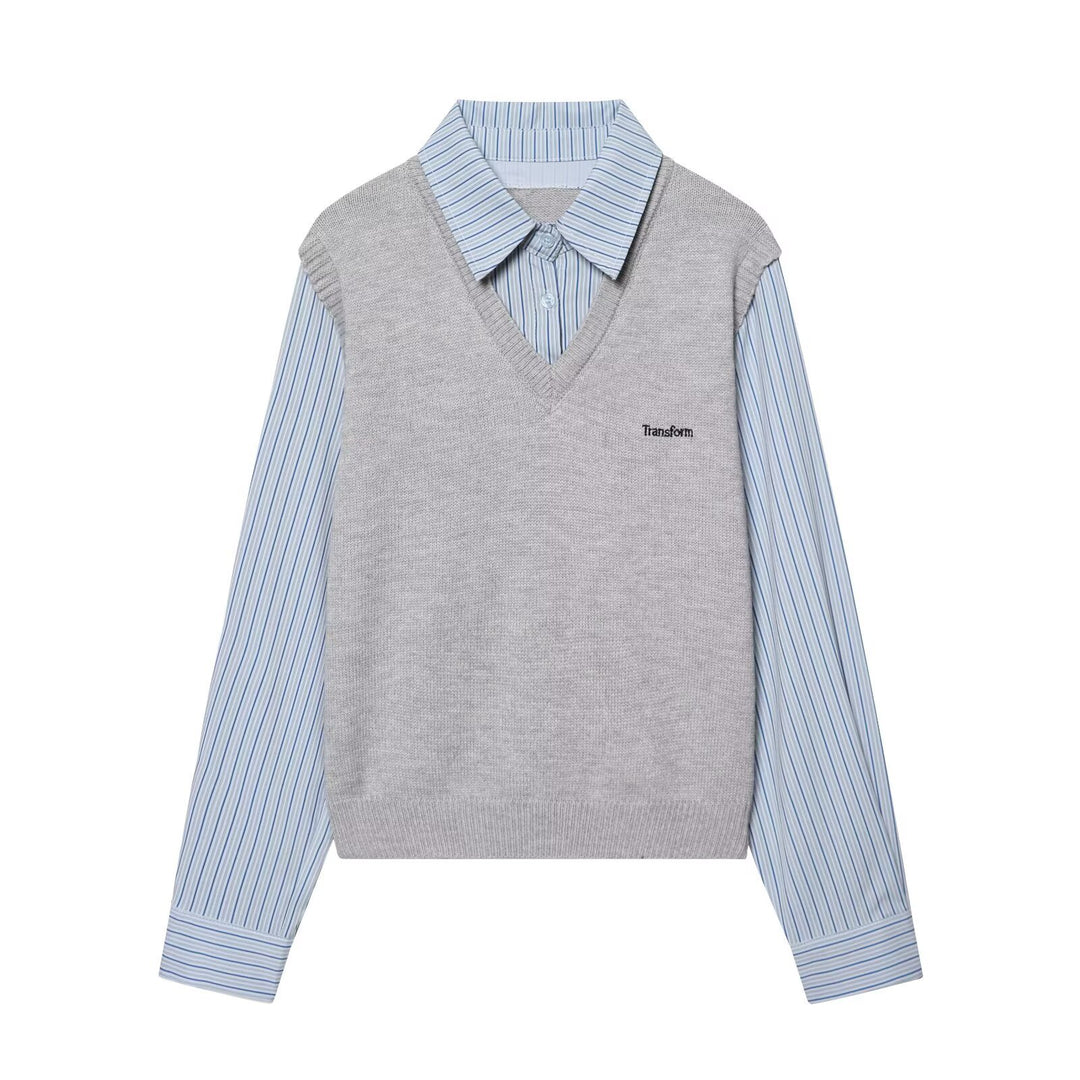 Damen Lagenlook-Hemd mit V-Ausschnitt Strickweste Drune