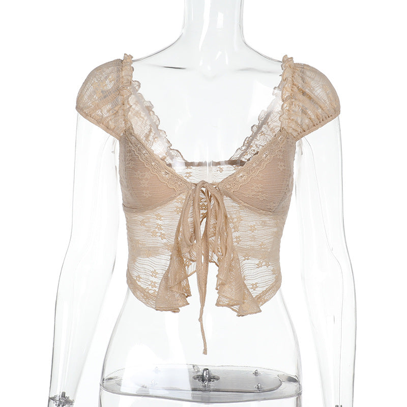 Damen Spitzen-Crop-Top mit romantischem Design und zarten Rüschendetails Drune