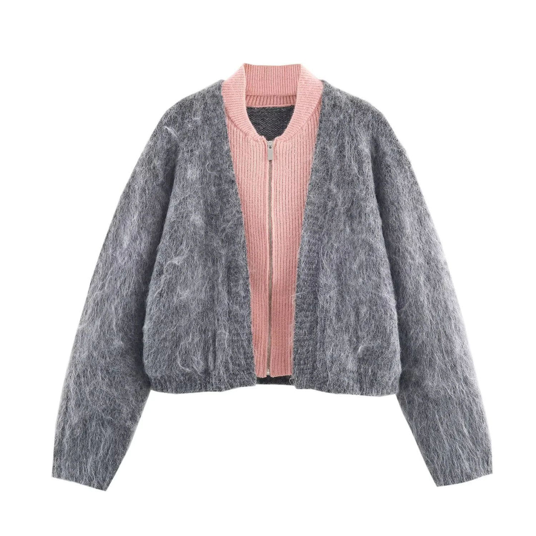 Damen nan kuscheliger Mohair‑Optik Cardigan mit integrierter Reißverschluss‑Innenjacke und Bomberkragen Drune