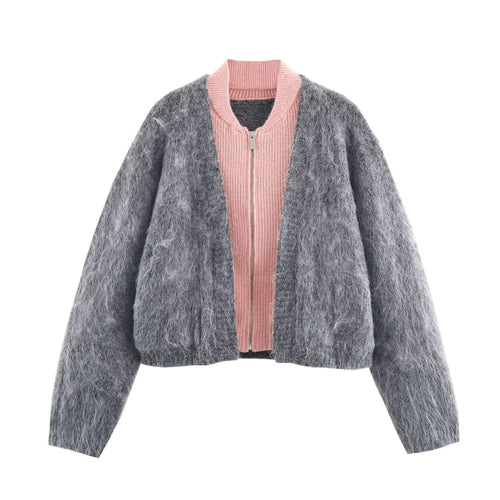 Damen nan kuscheliger Mohair‑Optik Cardigan mit integrierter Reißverschluss‑Innenjacke und Bomberkragen Drune