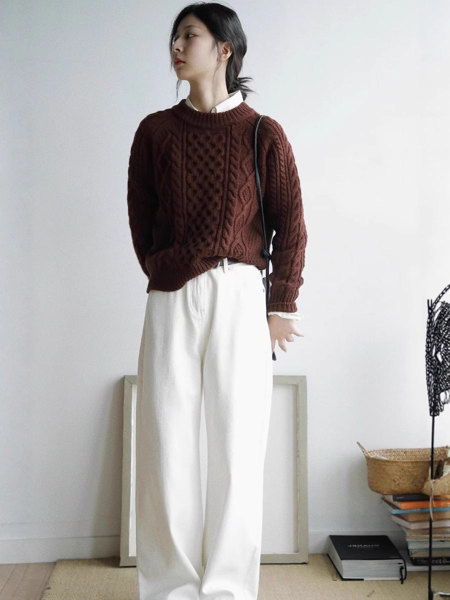 Damen Strukturierter Zopfmuster-Pullover aus Merino-Mix mit gerippten Abschlüssen und kastiger Passform Drune