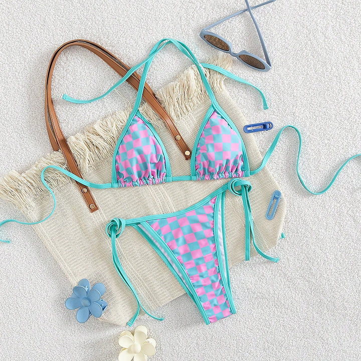 Damen Triangel-Bikini mit Karomuster und raffinierten Bindebändern Drune