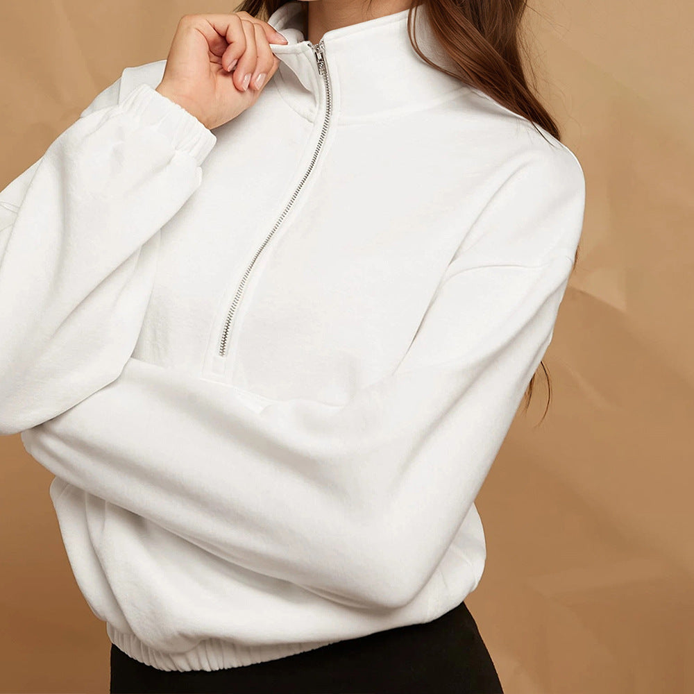 Damen halbzip Cropped Sweatshirt mit hohem Stehkragen, Kängurutasche und elastischem Saum Drune