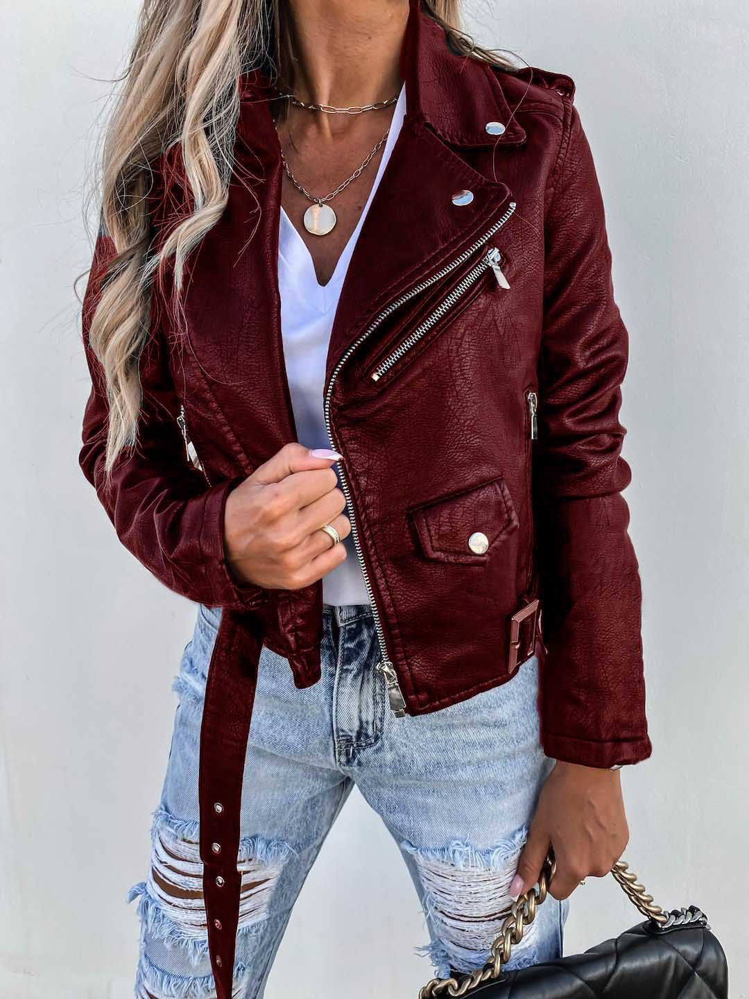 Drune-PU-Ledermantel Kurzer Reißverschluss-Jacke