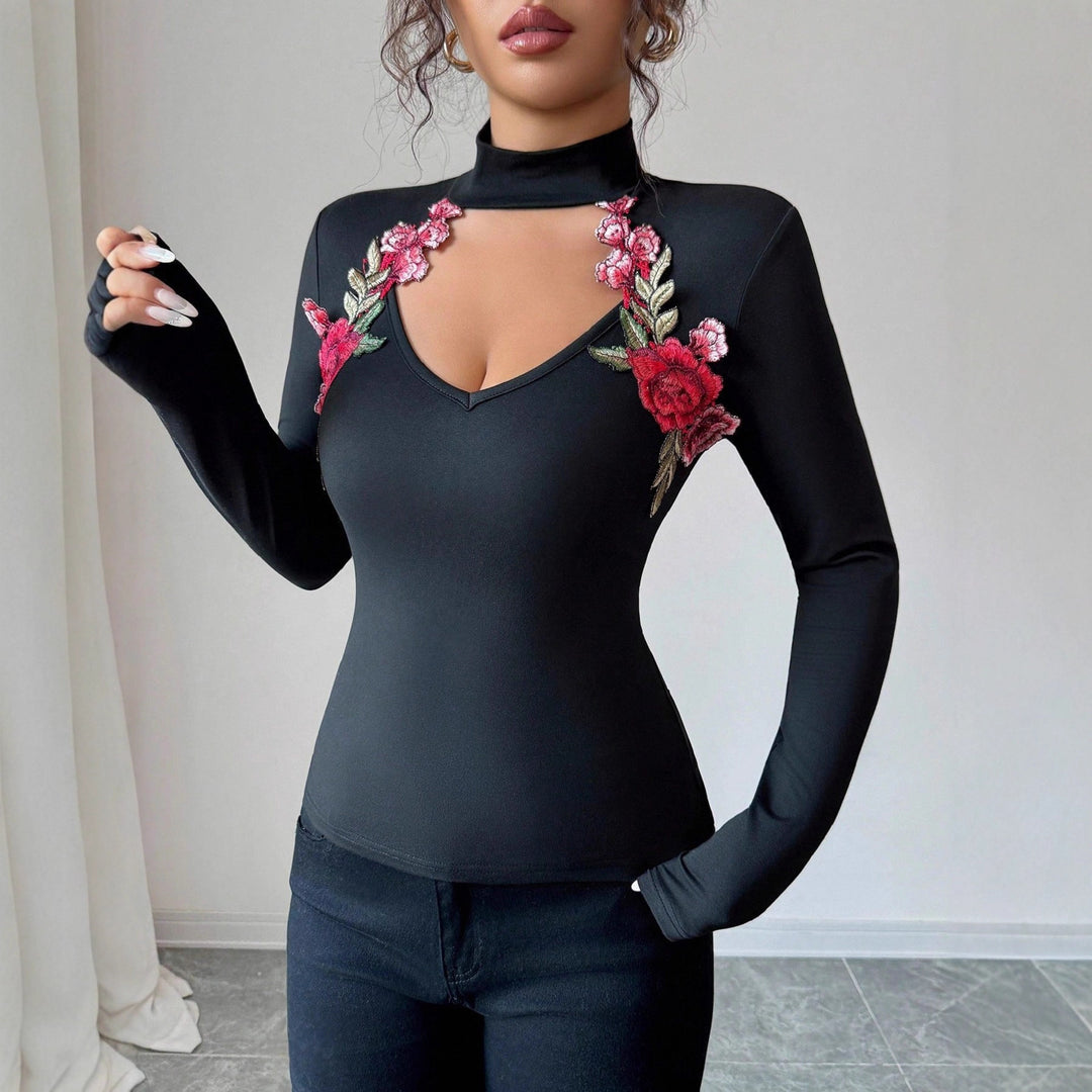 Damen nan taillierter Langarm-Body mit Stehkragen, V-Ausschnitt und floraler Stickapplikation Drune