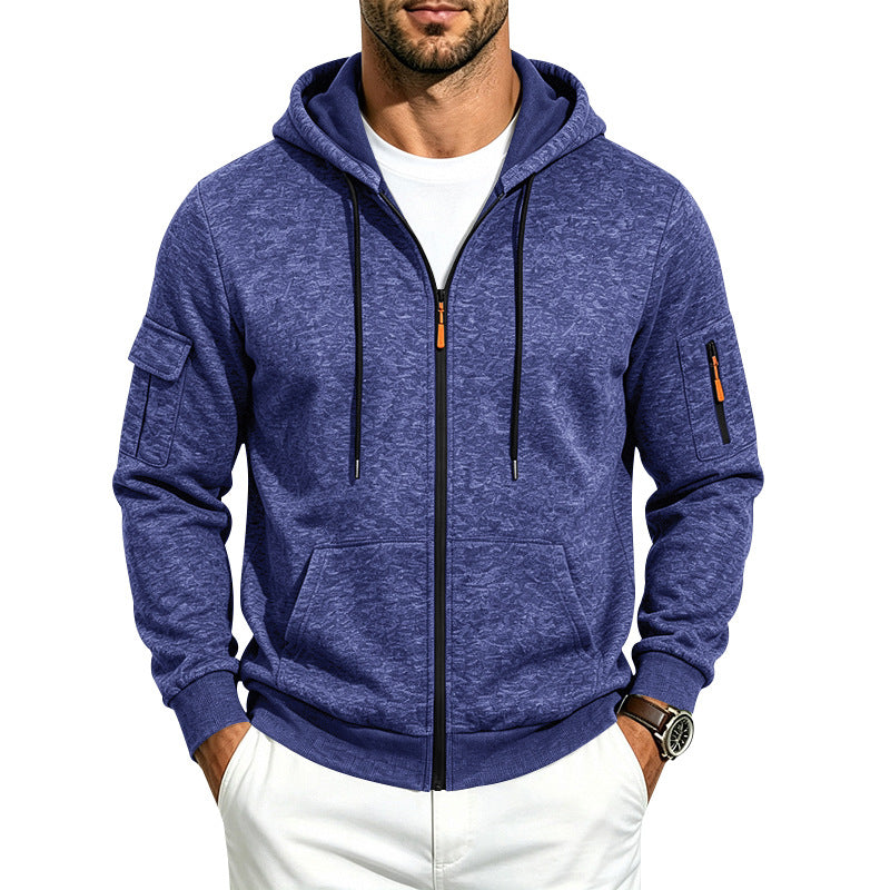Herren Melierte Zip‑Hoodie‑Jacke mit Utility‑Ärmeltasche und Känguru‑Taschen Drune
