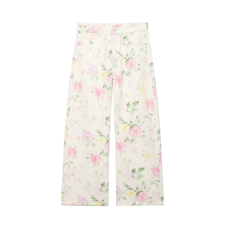 Damen Hochtaillierte weite Jeanshose mit zartem Blumenmuster und Fünftaschen-Schnitt Drune