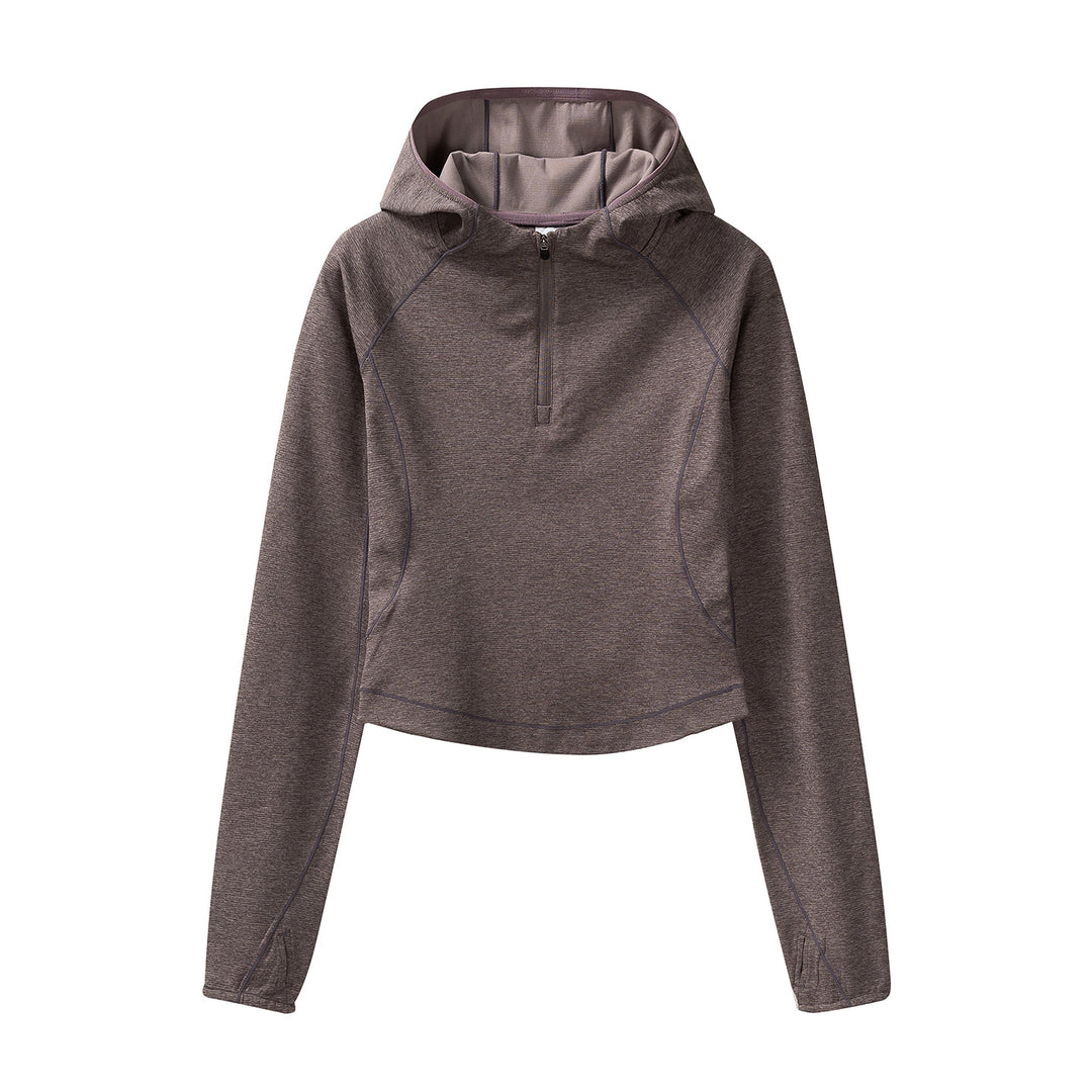Damen Gekürzter Technical-Hoodie mit Halbzip, Kapuze und Daumenlöchern Drune