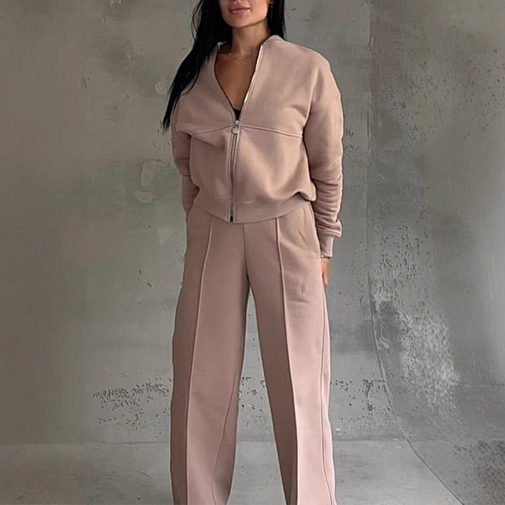 Damen nan kurz geschnittenes Blouson mit Reißverschluss und weiter High-Waist Jogginghose Set Drune