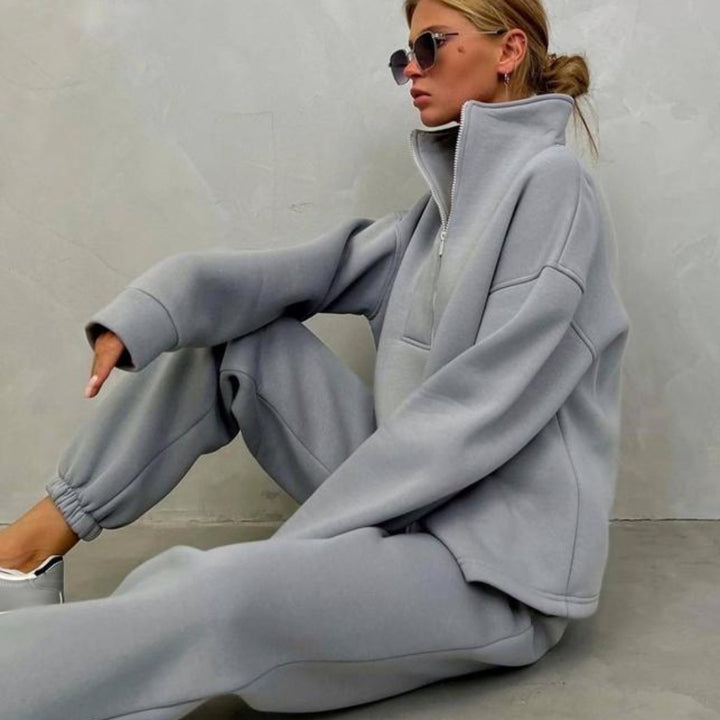 Damen Oversize-Halbzip-Lounge-Set aus schwerem French-Terry mit hohem Stehkragen Drune