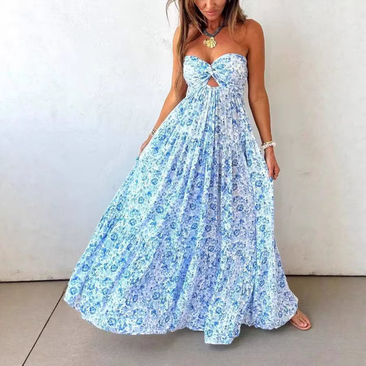 Damen nan trägerloses gedrehtes Bustier-Maxikleid mit Cut-out und mehrlagigem Stufenrock in leichter Crinkle-Qualität Drune