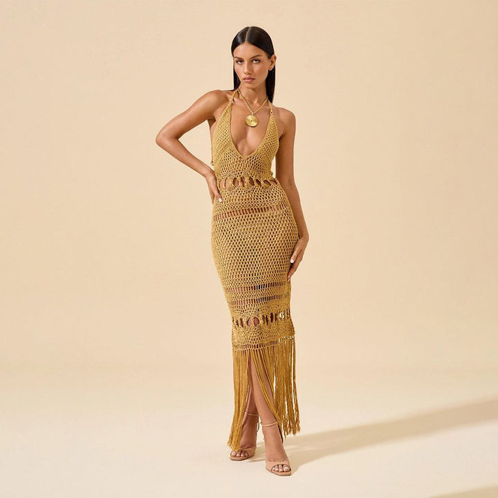 Damen Häkel-Strandkleid mit tiefem V-Ausschnitt und kreativem Cut-Out Drune