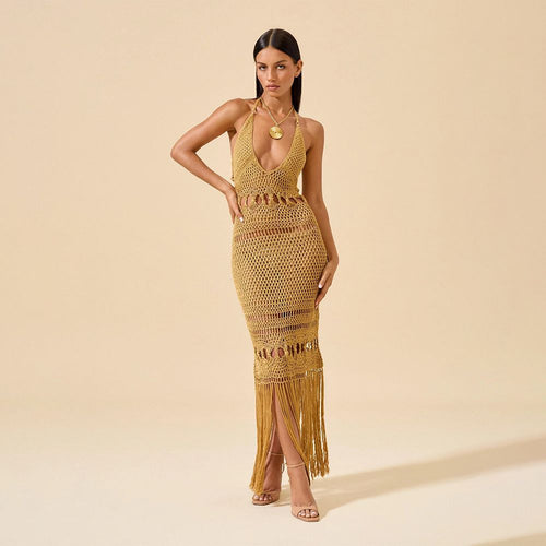 Damen Häkel-Strandkleid mit tiefem V-Ausschnitt und kreativem Cut-Out Drune