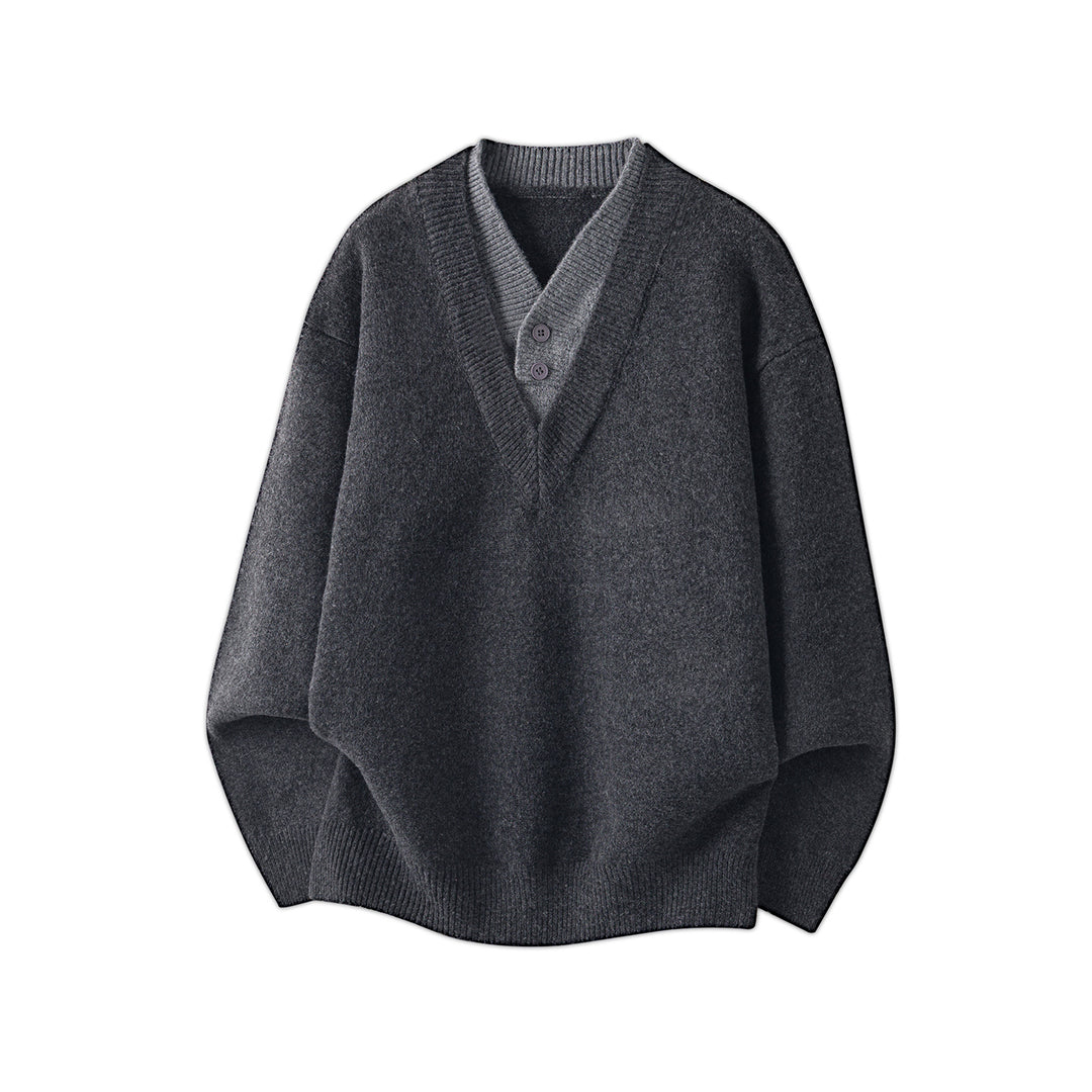 Damen Oversize Strickpullover mit tiefem V-Ausschnitt und eingesetzter Henley‑Blende Drune