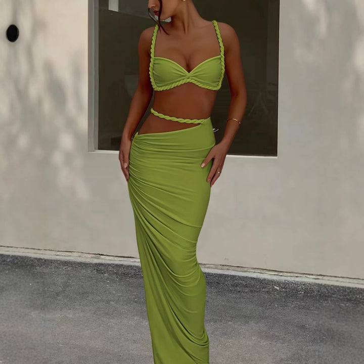 Damen Strandbekleidungs-Set mit geflochtenem Oberteil und elegantem Wickelrock Drune