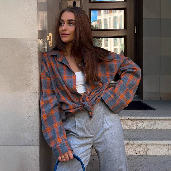 Damen Karo Oversize Flanellhemd Bluse mit Druckknopfblende und Hemdkragen Drune