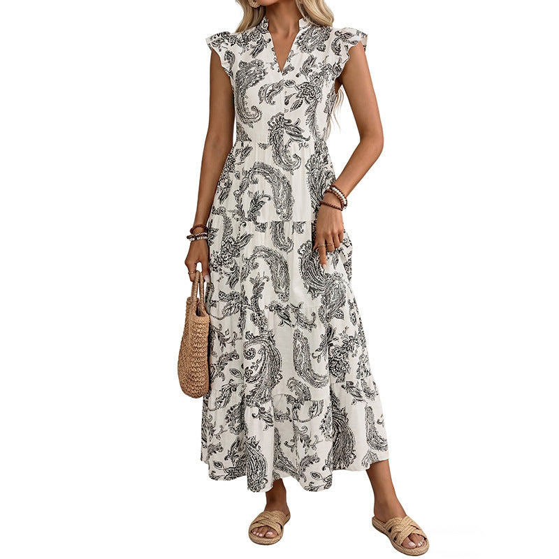 Damen Maxikleid mit Paisley‑Print, V‑Ausschnitt und Stufenrock Drune