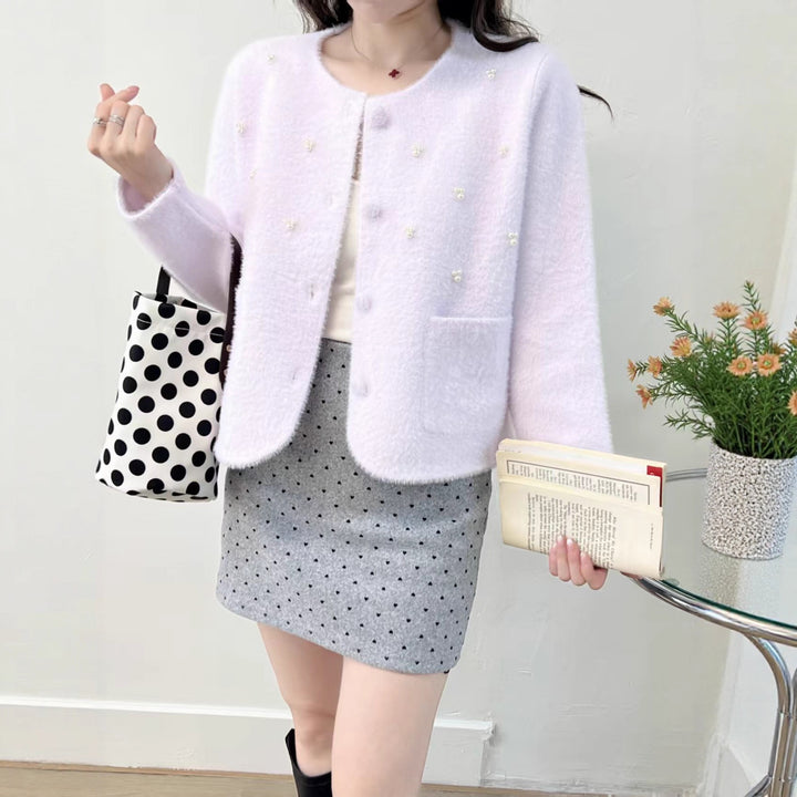 Damen Kuschelige Strickjacke mit Perlenverzierung und klassischen Rundhalsausschnitt Drune