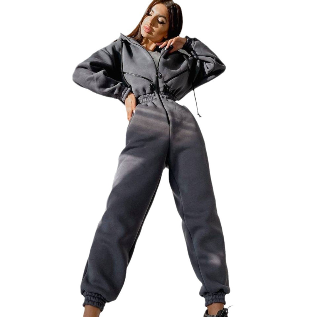 Damen taillierter Kapuzen-Jumpsuit mit elastischem Bund und markanten Kontrast-Reißverschlüssen Drune