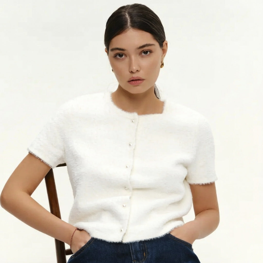 Damen Flauschiger Strickpullover mit Perlenknöpfen Drune