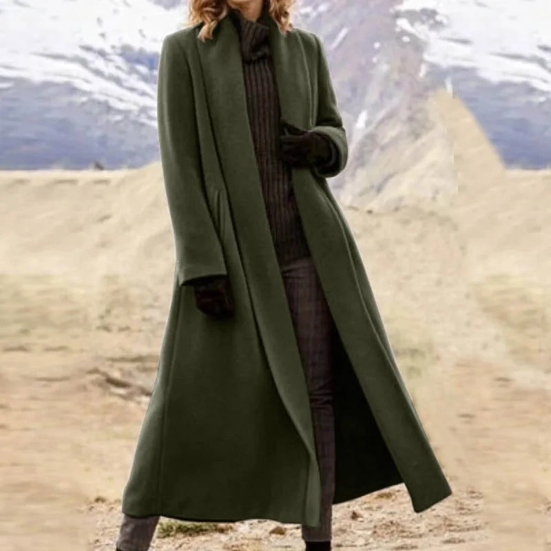 Damen eleganter langer Wollmix-Mantel mit offenem Fall und seitlichen Eingrifftaschen Drune