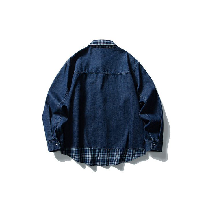 Herren Oversize Denim‑Hemdjacke mit karierter Innenlage, legerem Saum und Brusttasche Drune