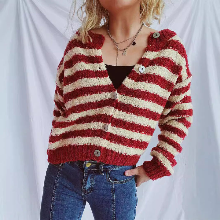 Damen kuschelige Strickjacke mit modernen Streifen und Knopfdetails Drune