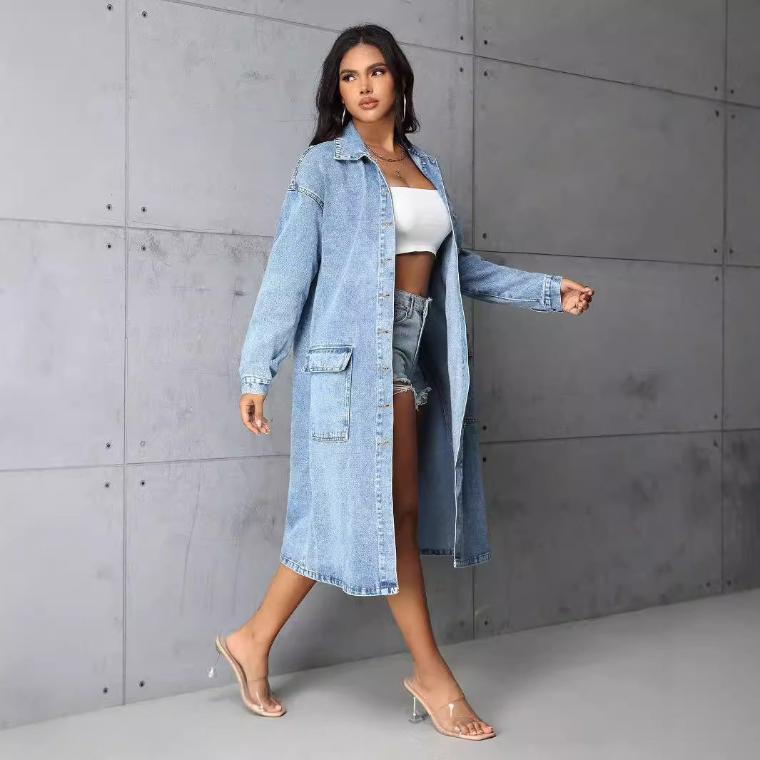 Damen Jeansjacke im長 Belichtungs-Vintage-Stil mit praktischen Taschen und Knopfleiste Drune