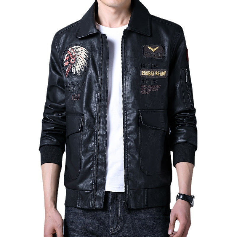 Herren Piloten‑Bomberjacke aus Kunstleder mit gestickten Patches und Rippbündchen Drune