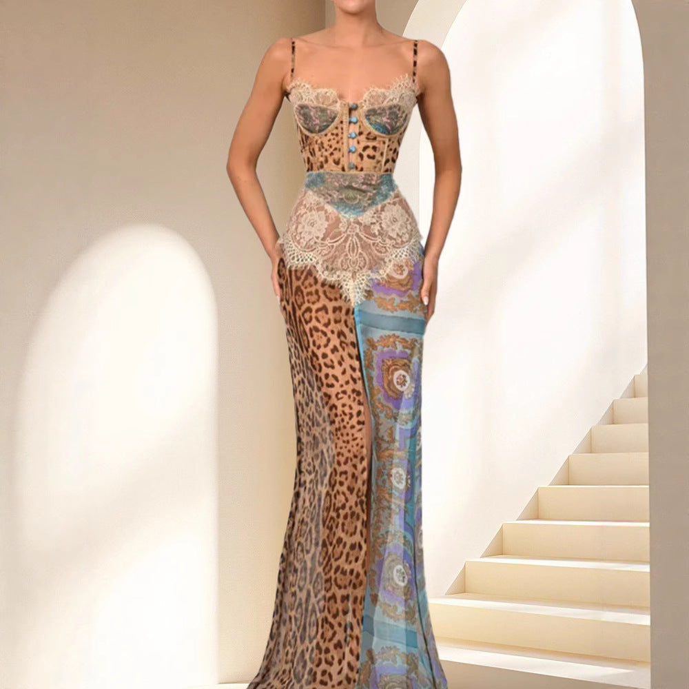 Damen Luxuriöses Spitzenkleid mit tierischem Print und raffinierten Applikationen Drune