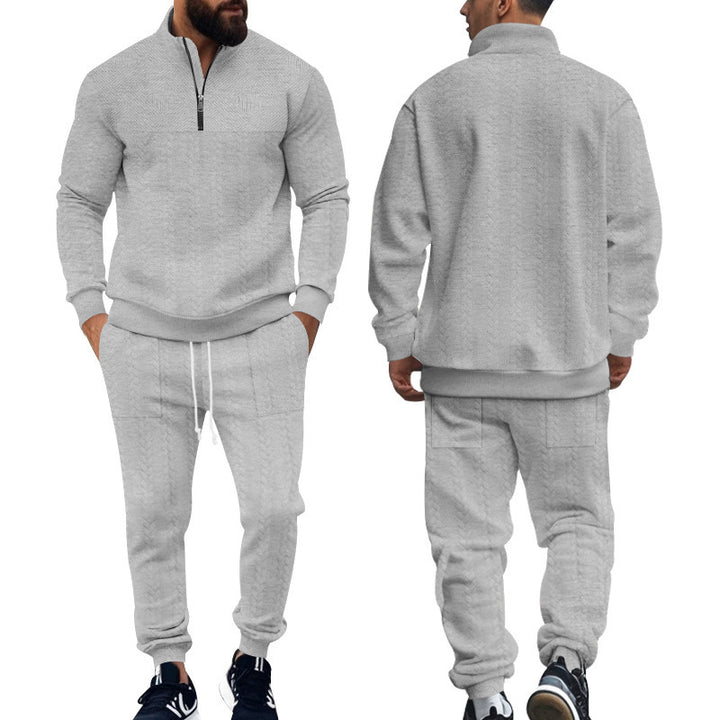 Herren nan Strick-Trainingsset mit halbem Reißverschluss, Zopfmuster-Pulli und Kordelzug-Jogger Drune