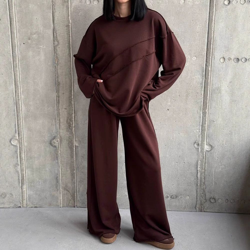 Damen weiches Oversize Lounge-Set mit diagonalem Ziernähten und extra weiter Palazzo-Hose Drune
