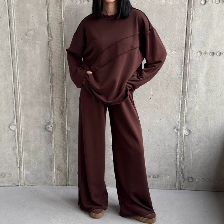 Damen weiches Oversize Lounge-Set mit diagonalem Ziernähten und extra weiter Palazzo-Hose Drune