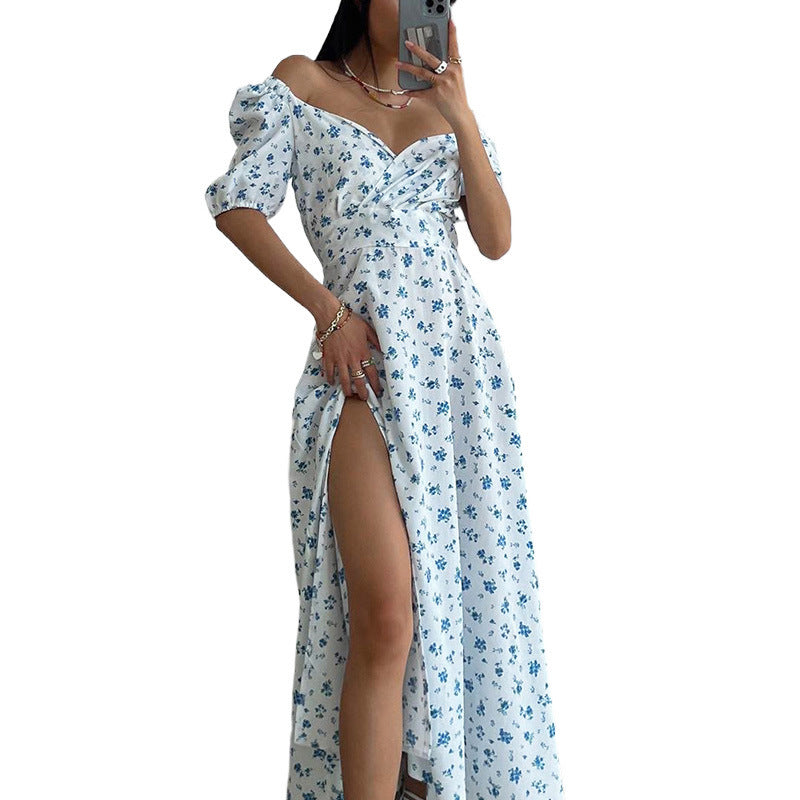 Damen Elegantes Maxikleid mit Puffärmeln und floralem Muster Drune