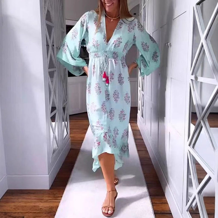 Damen nan luftig-fließendes Boho-Midikleid mit V-Ausschnitt, geraffter Smock-Taille, Kordelzug mit Quasten und asymmetrischem Volant-Saum Drune