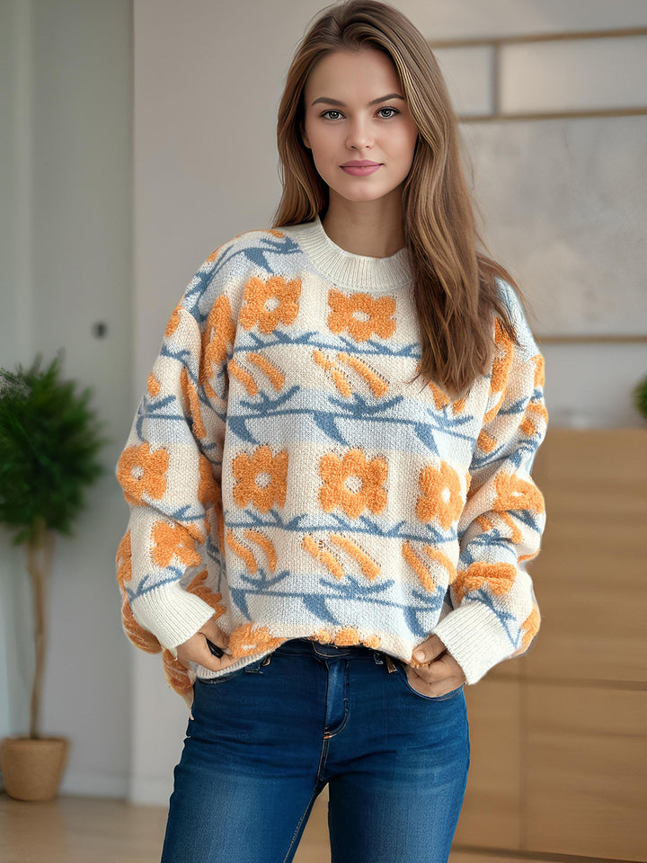 Damen kuscheliger Strickpullover mit floralen 3D-Applikationen Drune