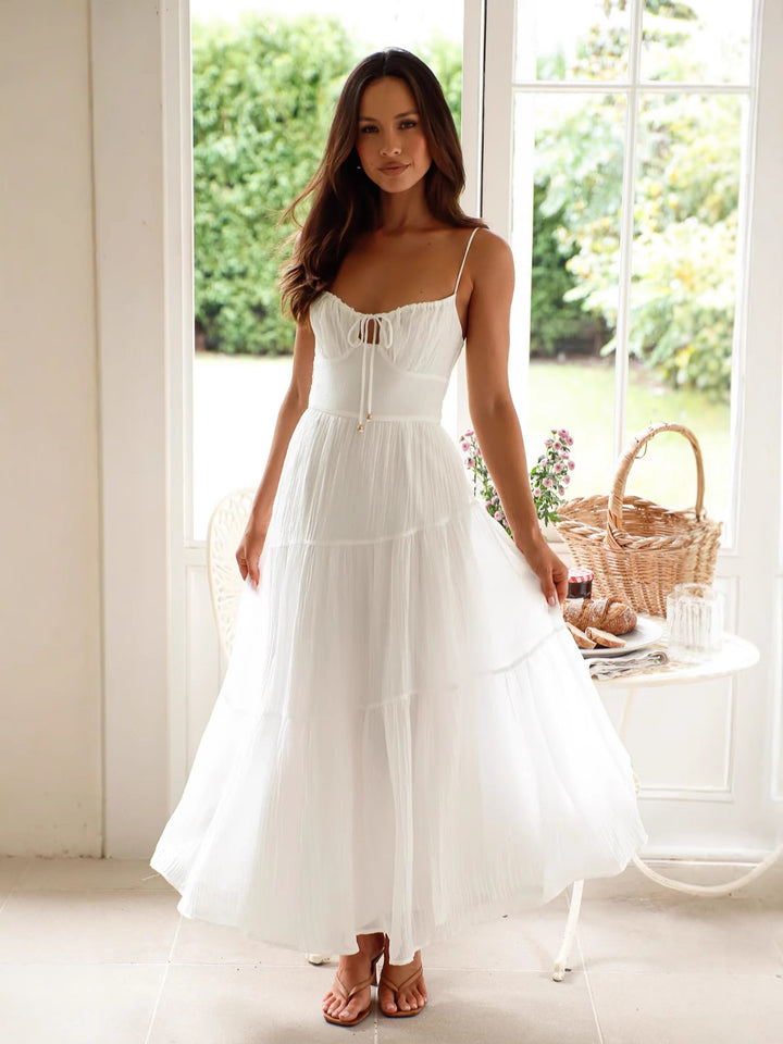 Damen Boho-Chic Maxikleid mit verstellbaren Spaghettiträgern und voluminösem Rock Drune